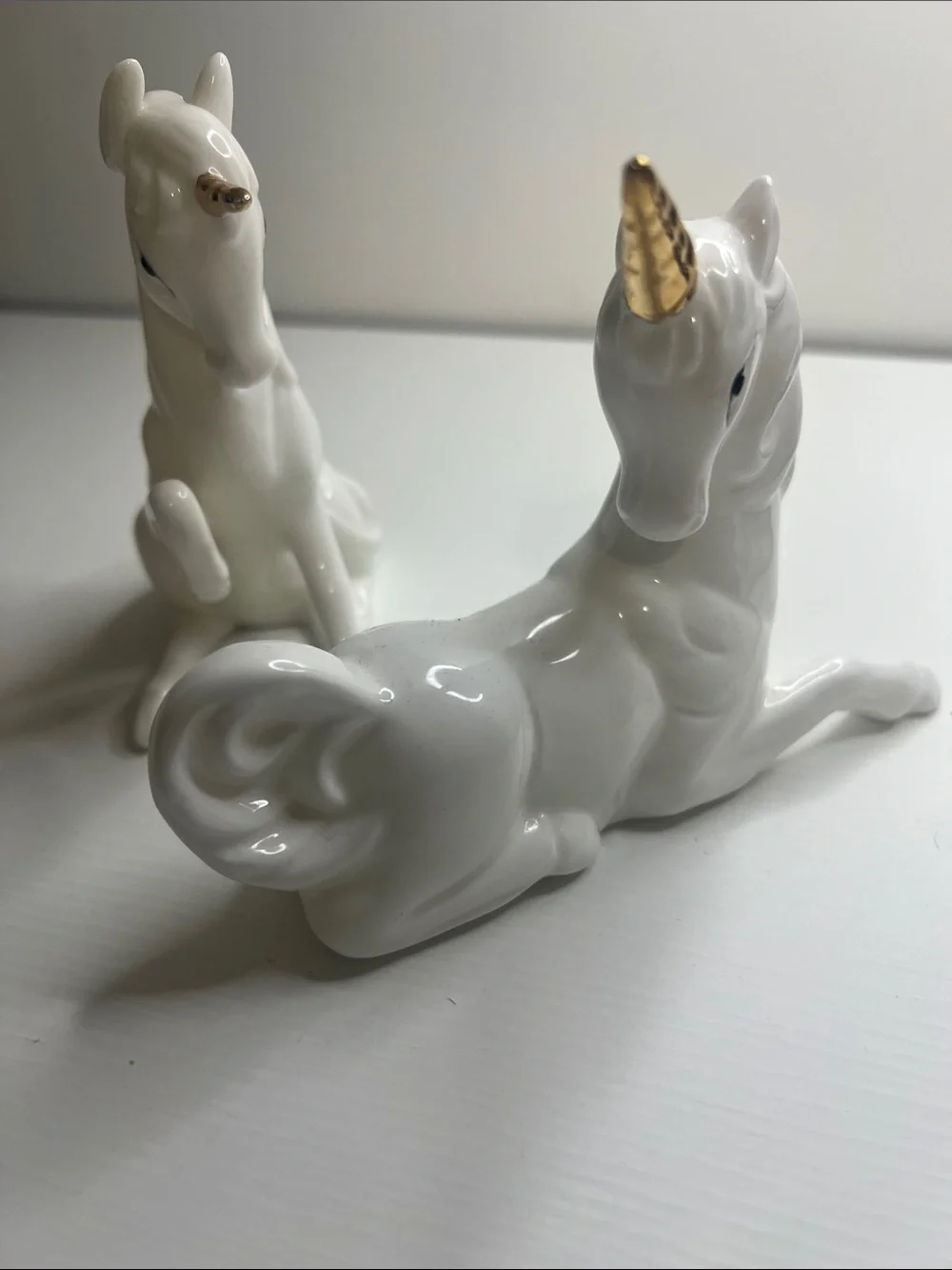 80s Enesco Unicorn Figurine Set White Porcelain Gold Horn Collectibles